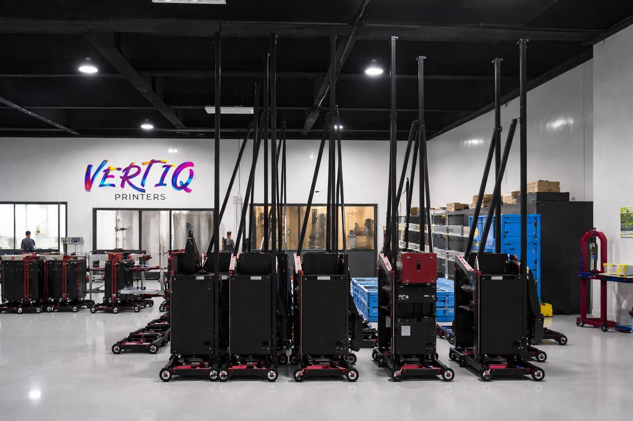 Vertiq Printers production facility — machines lined up for quality inspection